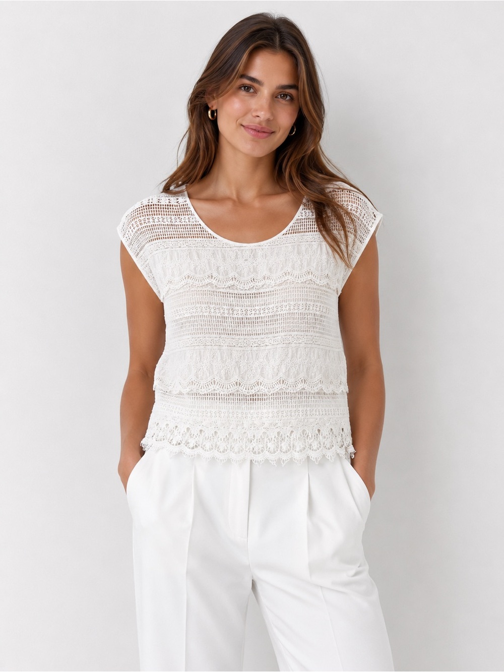 Buffalo David Bitton Cream Crochet Lace Scoop Neck Top